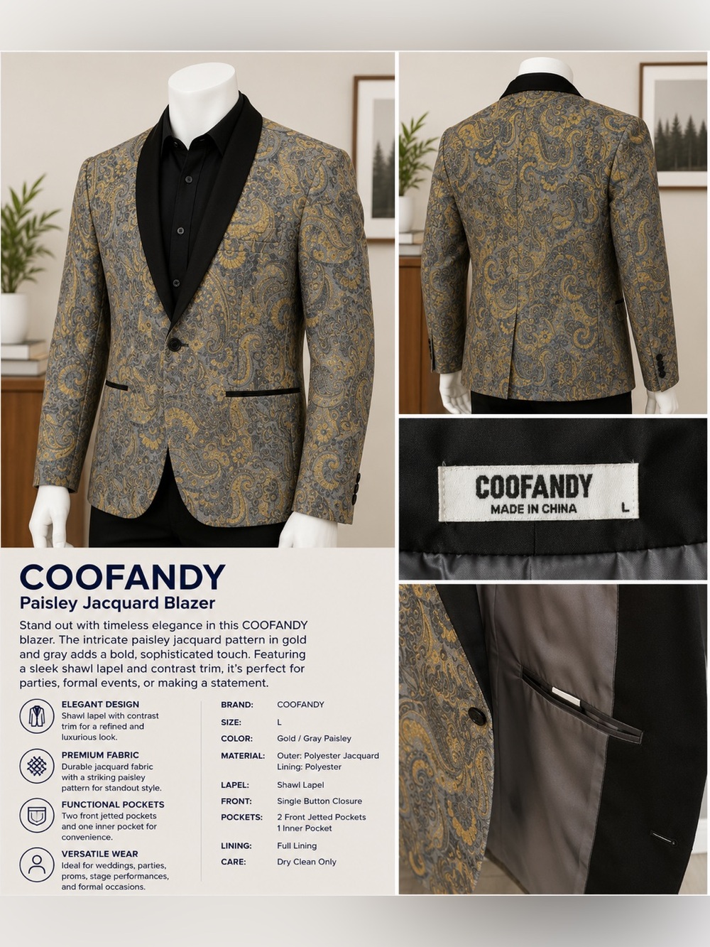 Blazer-Tuxedo Coofandy Gold & Gray Paisley Shawl